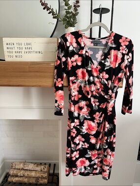 Covington Black Floral Faux-Wrap Dress with Pink Accents